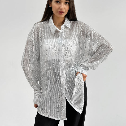 Embroidered Long Sleeve Loose Blouse, gold, silver, or black