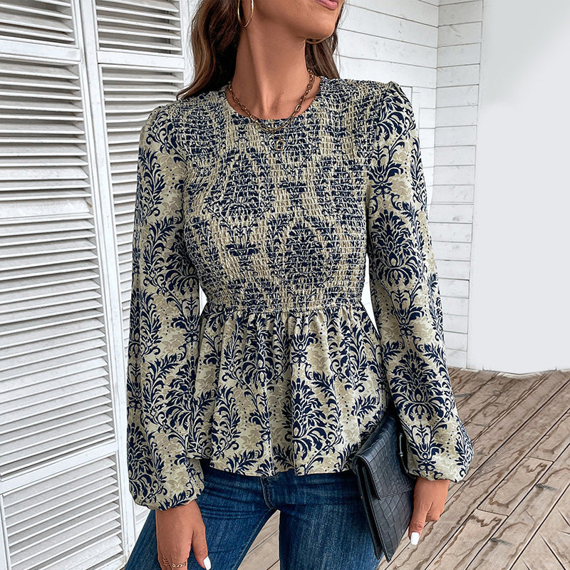 Elegant Pleated Waist Long Sleeve Printed Blouse