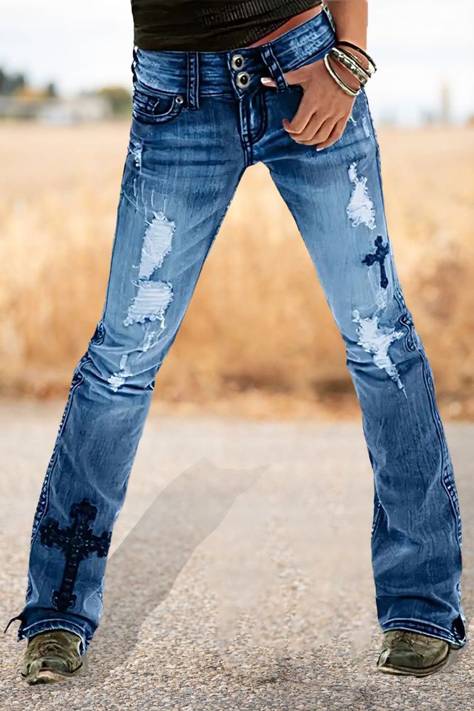 Cross Embroidery Ripped Low Rise Bootcut Jeans