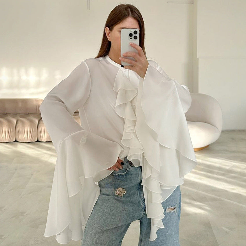 Chiffon Ruffle Flared Sleeve Blouse, several colors