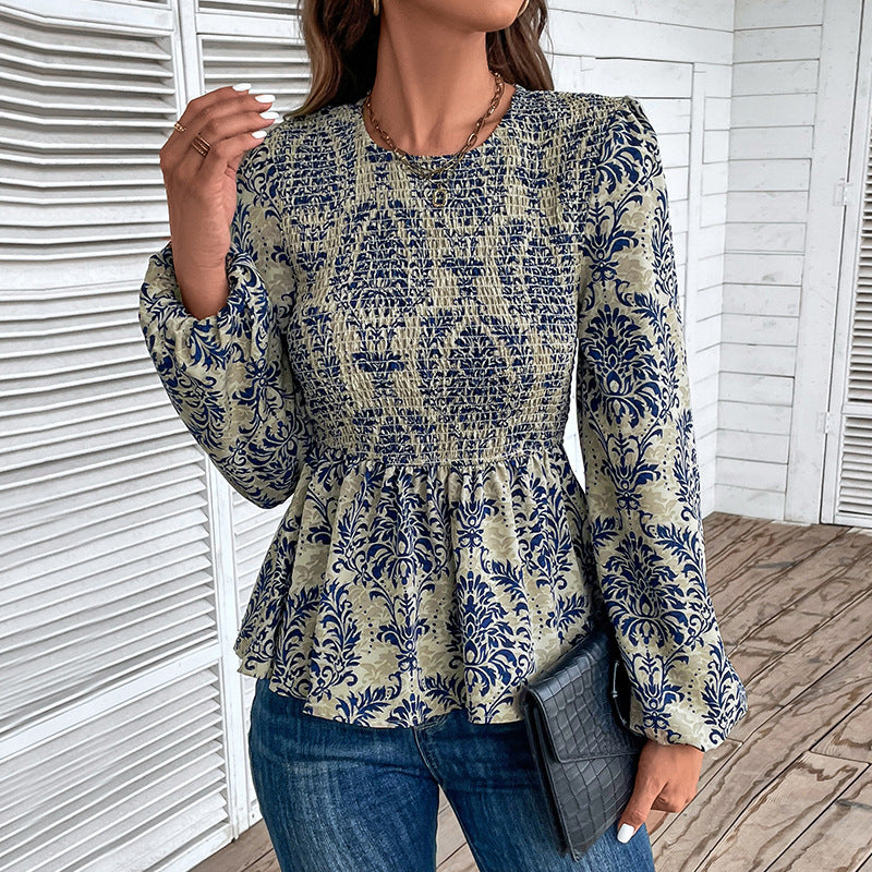 Elegant Pleated Waist Long Sleeve Printed Blouse