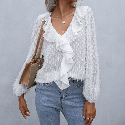 Ruffled Fringe V-neck Long Sleeve Blouse