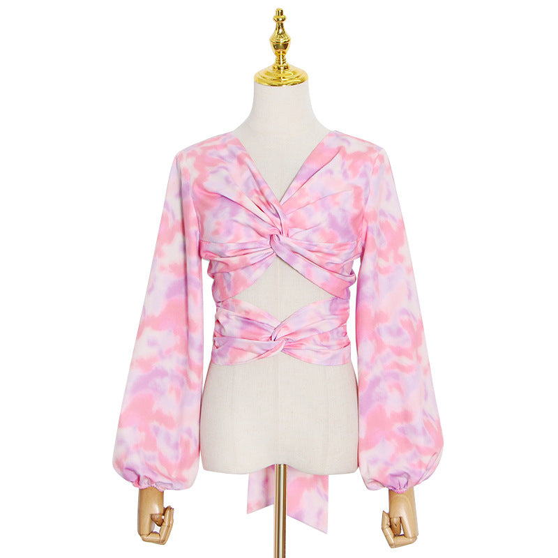 Floral Crop Long Sleeve Blouse, pink, blue, or yellow