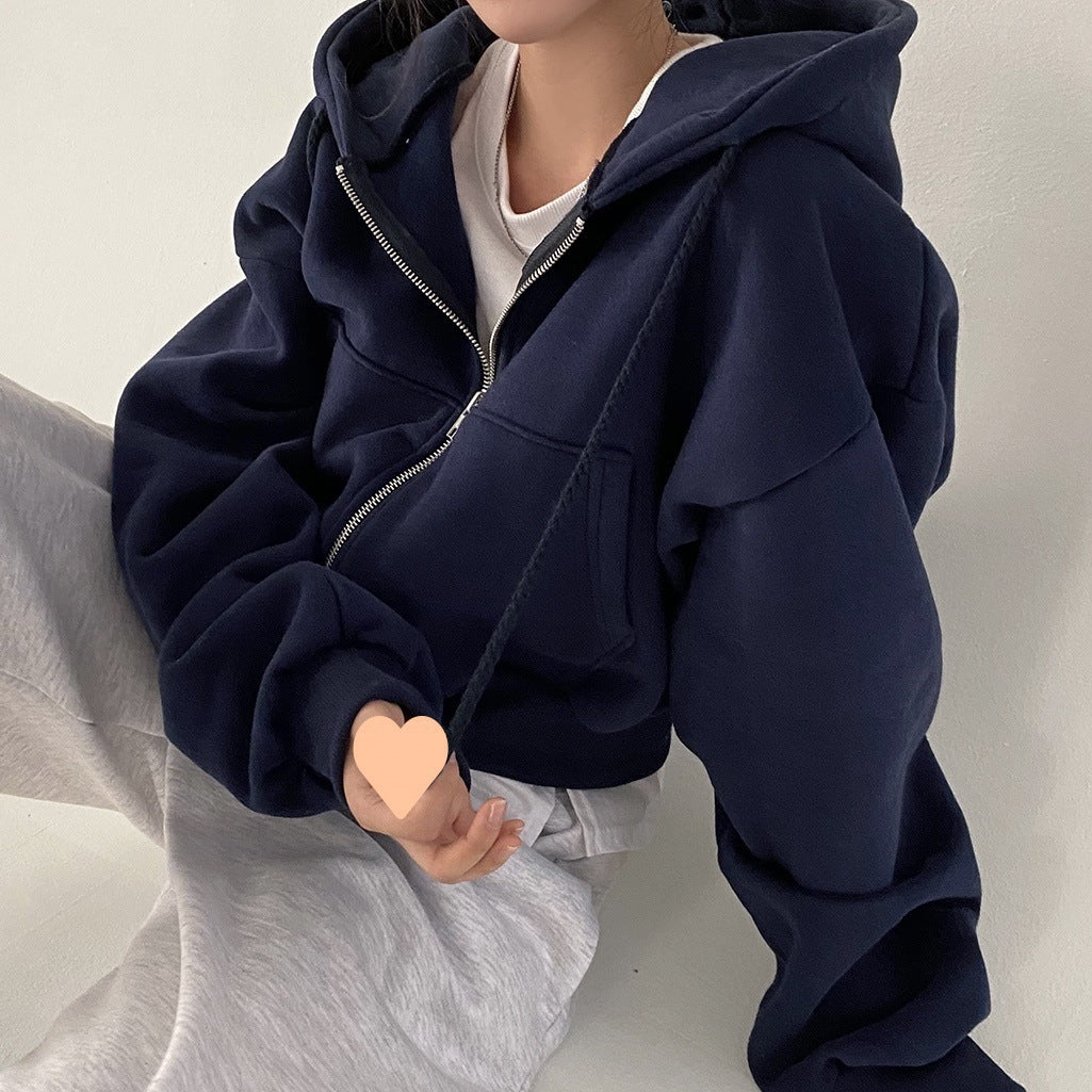 Cropped Loose Zipper Hoodie Jacket, several colors