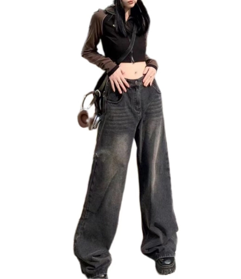 Washed Black Gray High-waisted Wide-leg Jeans