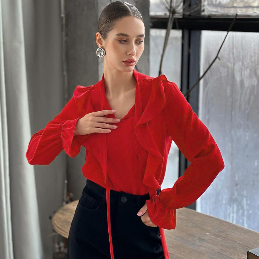 Elegant Red Chiffon Ruffled Blouse