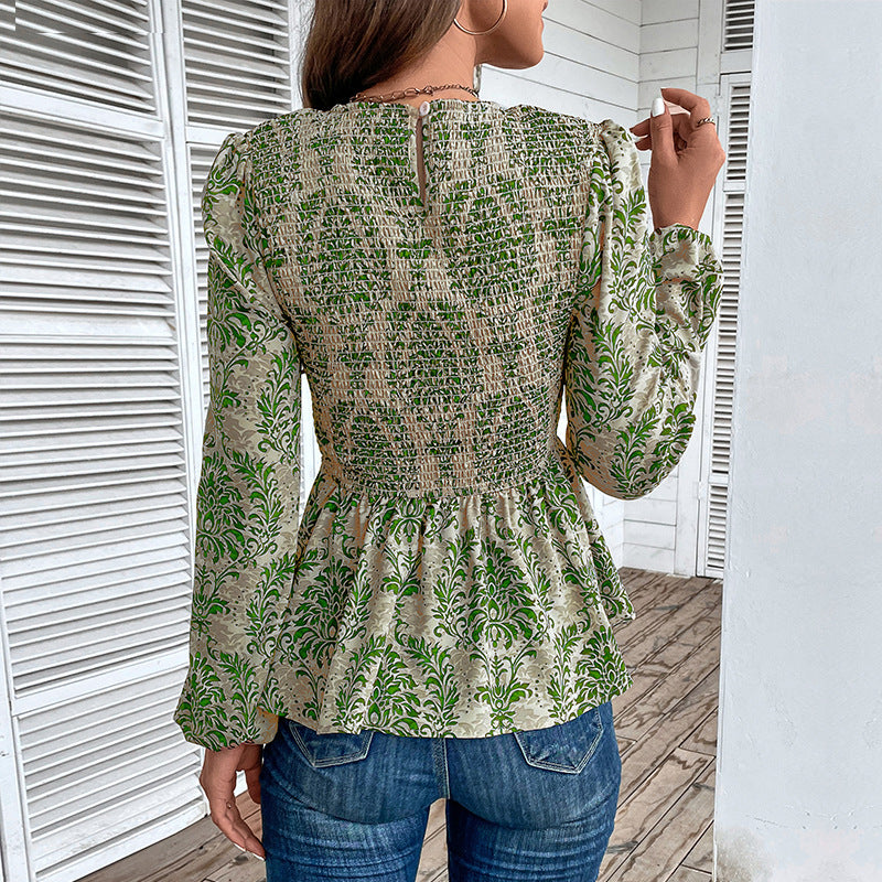 Elegant Pleated Waist Long Sleeve Printed Blouse