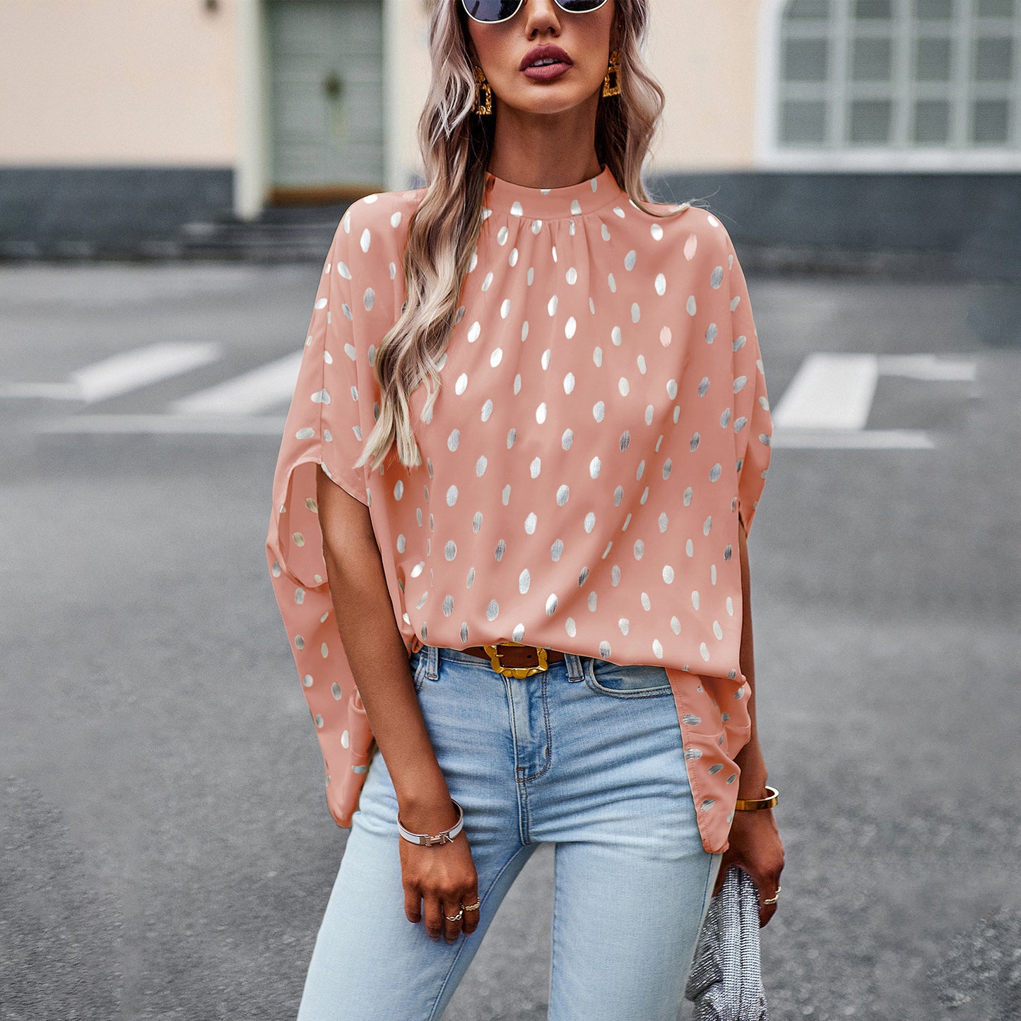 Metallic Polka Dot Long-sleeved Blouse