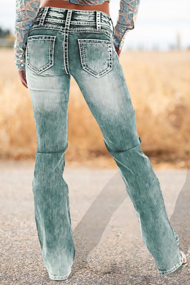 Cross Embroidery Ripped Low Rise Bootcut Jeans