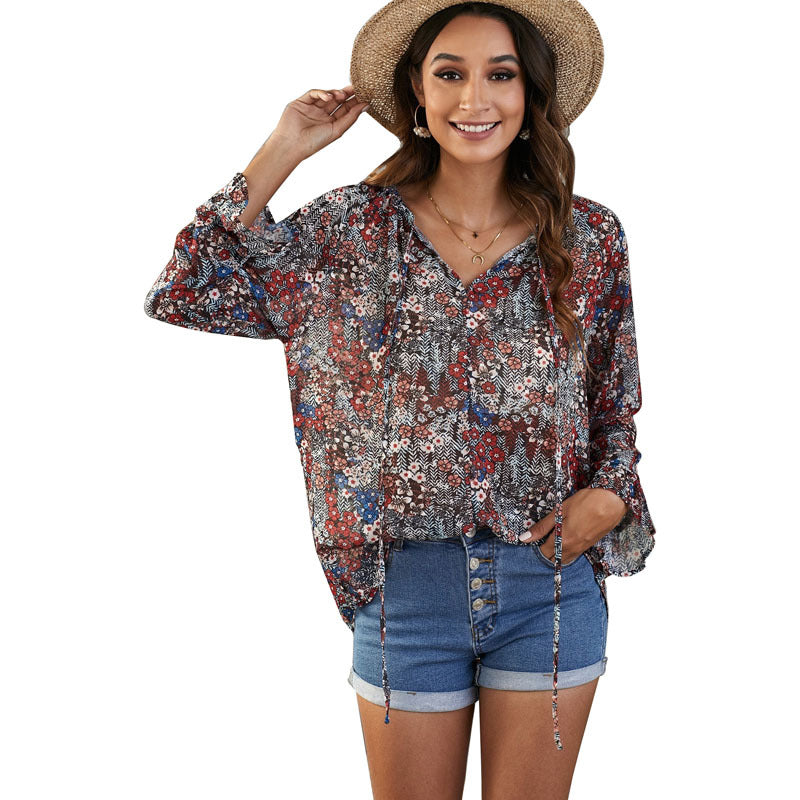 Floral Chiffon Loose V-neck Blouse, several colors