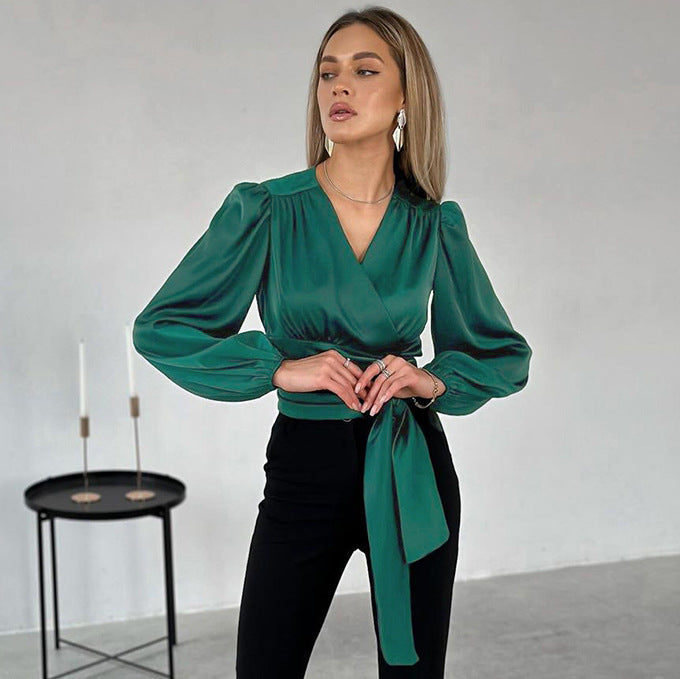 Satin V-neck Wrap Blouse