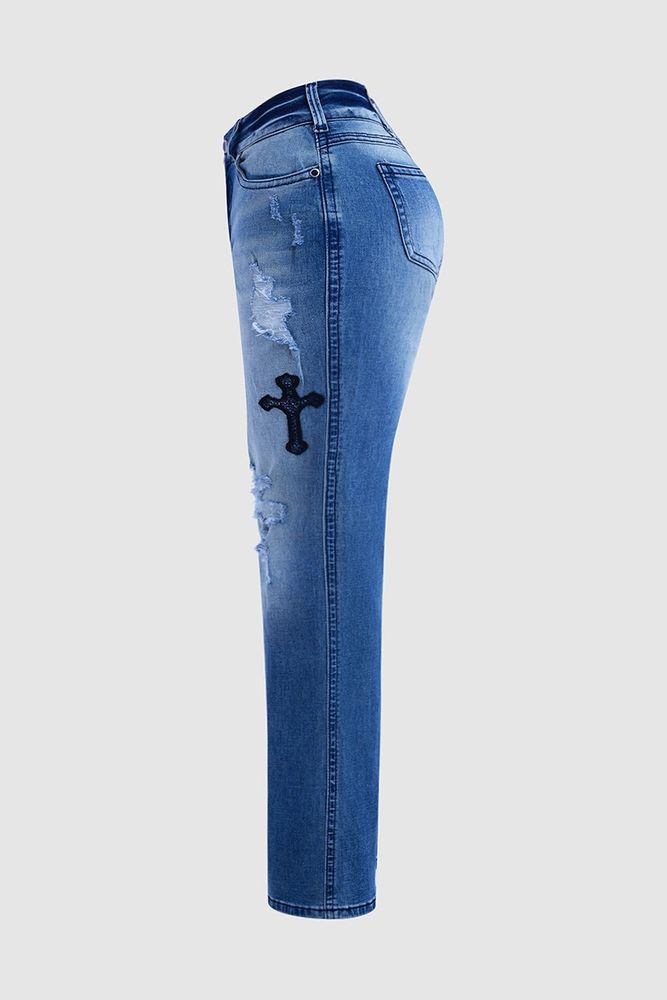 Cross Embroidery Ripped Low Rise Bootcut Jeans