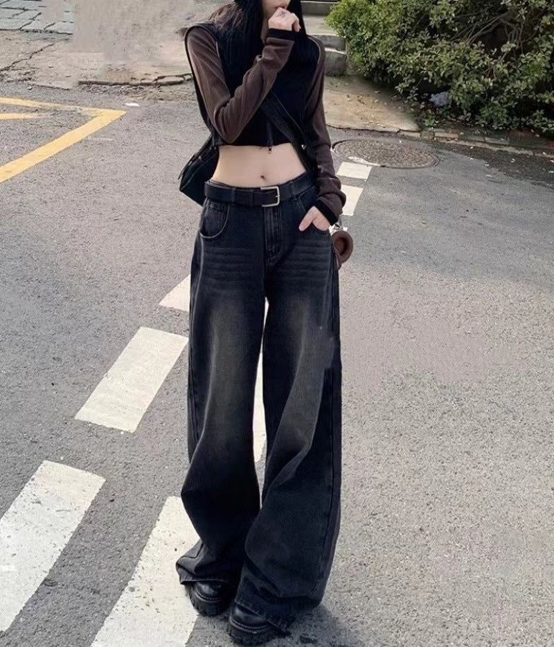 Washed Black Gray High-waisted Wide-leg Jeans