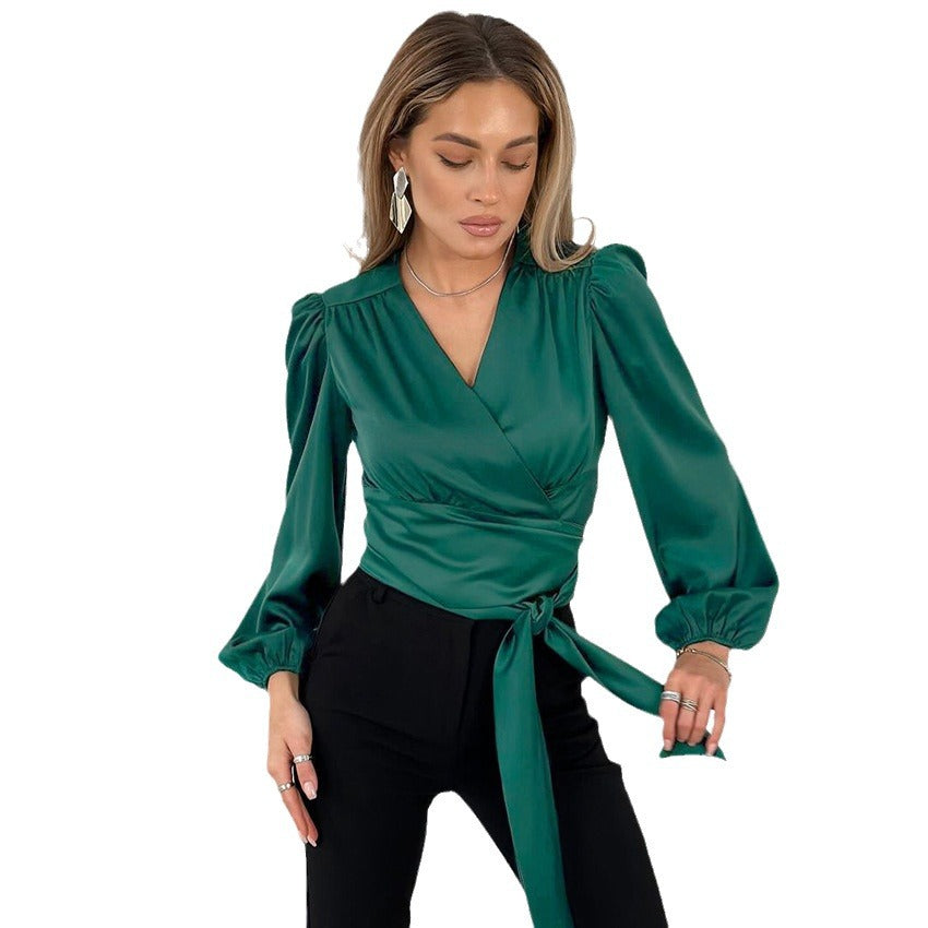 Satin V-neck Wrap Blouse