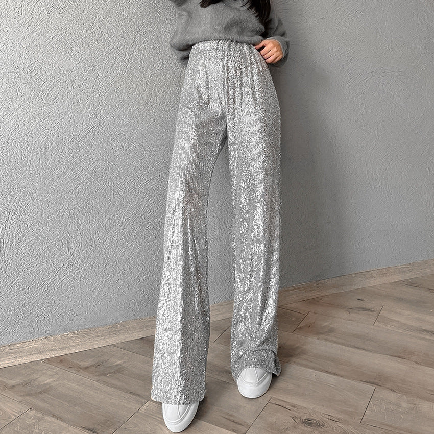 Embroidered Solid Color High Waist Loose Wide Leg Pants, silver or black