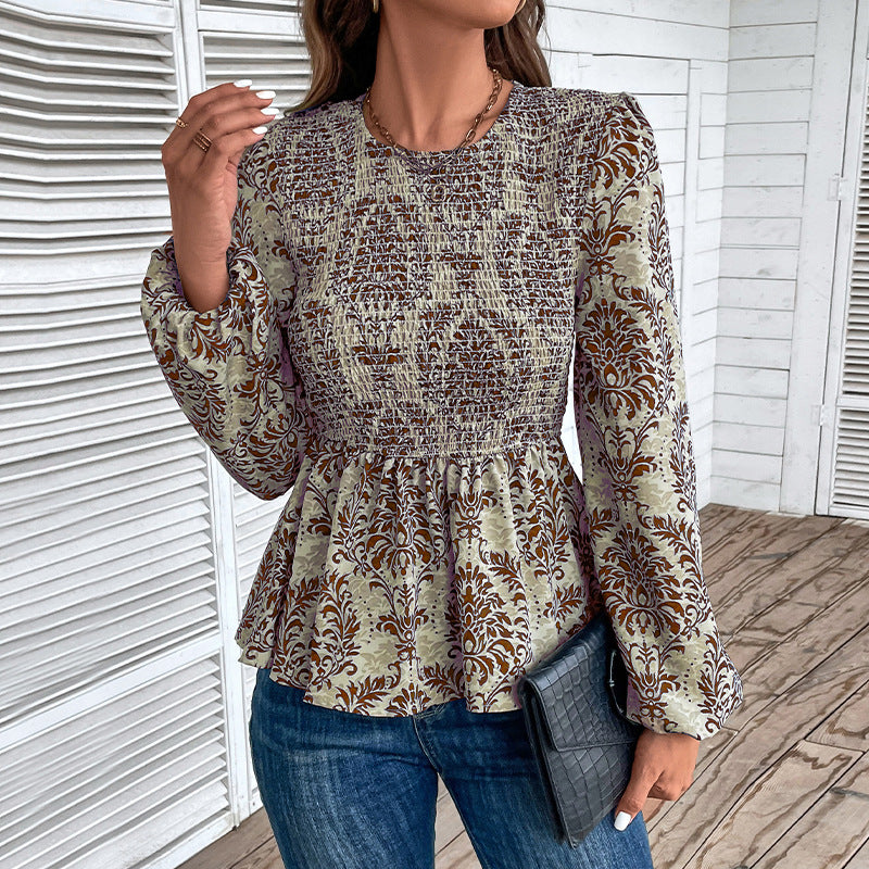 Elegant Pleated Waist Long Sleeve Printed Blouse