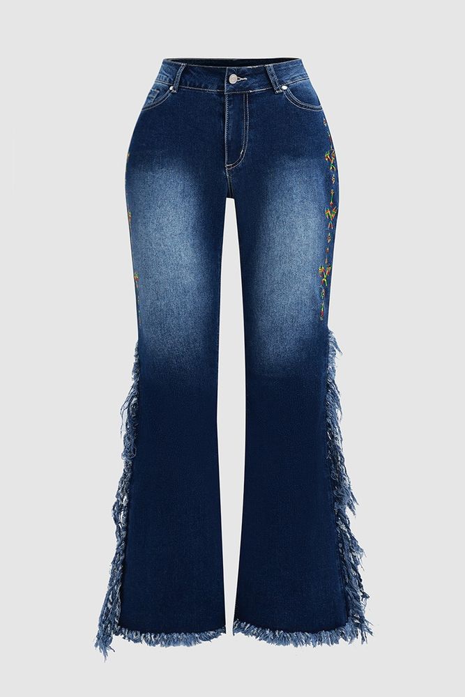 Embroidery Side Fringe Mid Waist Bootcut Jeans