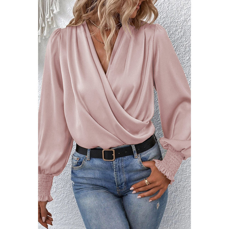 V-neck Chiffon Wrap Blouse, pink, black, or khaki