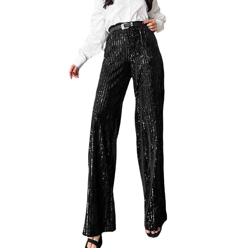 Embroidered Solid Color High Waist Loose Wide Leg Pants, silver or black