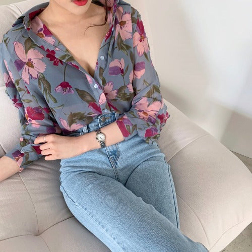 Floral Chiffon Slim-fit Long Sleeve Blouse