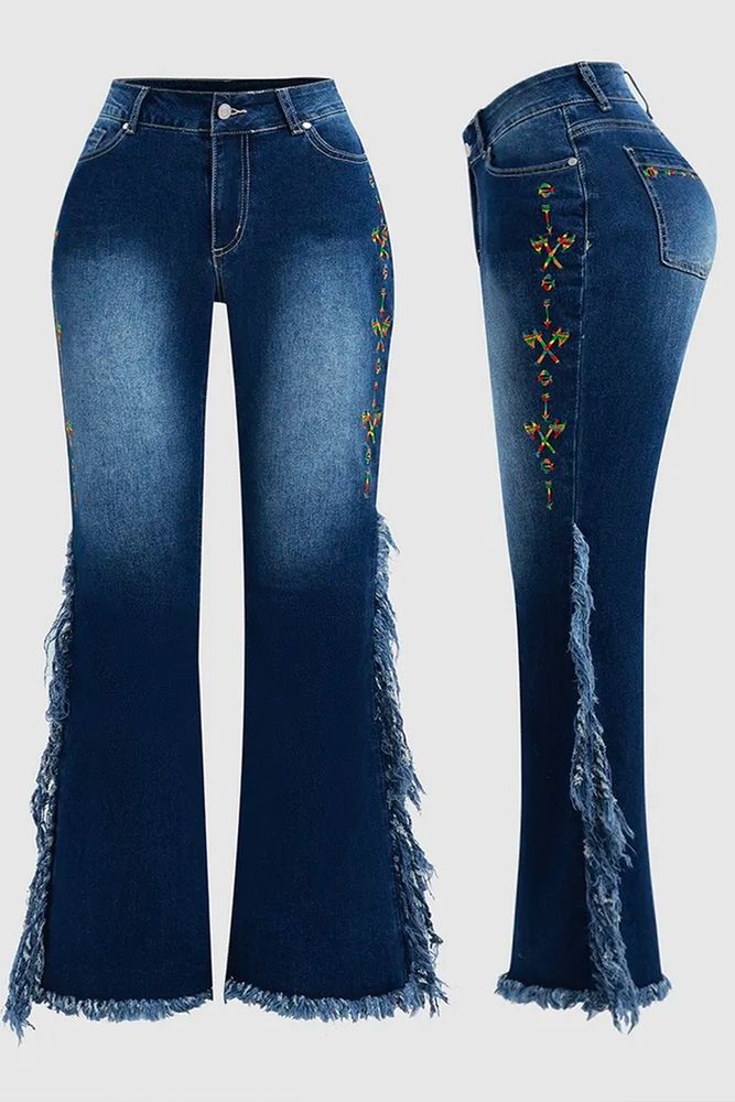 Embroidery Side Fringe Mid Waist Bootcut Jeans