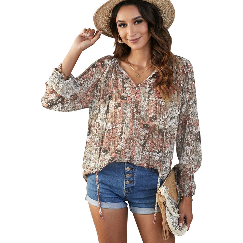 Floral Chiffon Loose V-neck Blouse, several colors