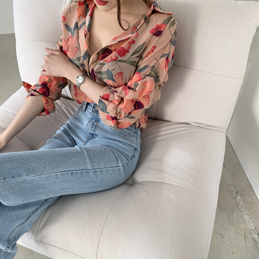 Floral Chiffon Slim-fit Long Sleeve Blouse