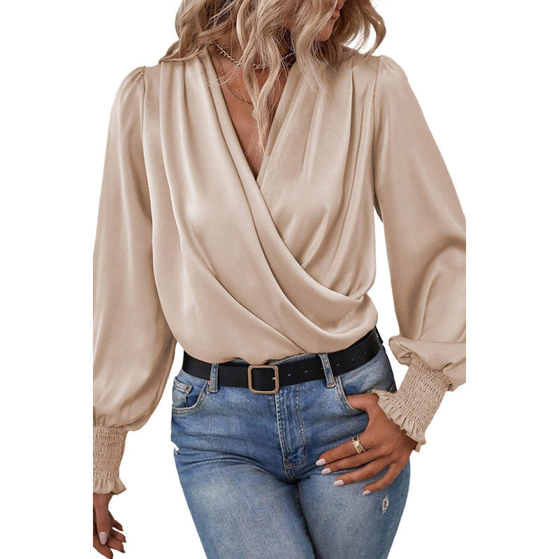 V-neck Chiffon Wrap Blouse, pink, black, or khaki