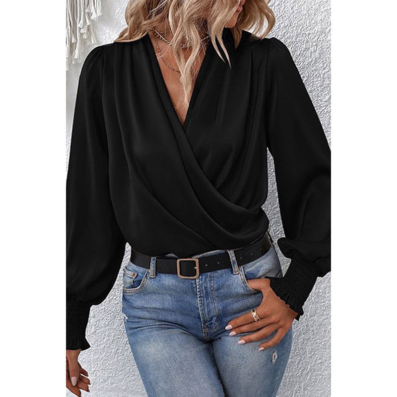 V-neck Chiffon Wrap Blouse, pink, black, or khaki