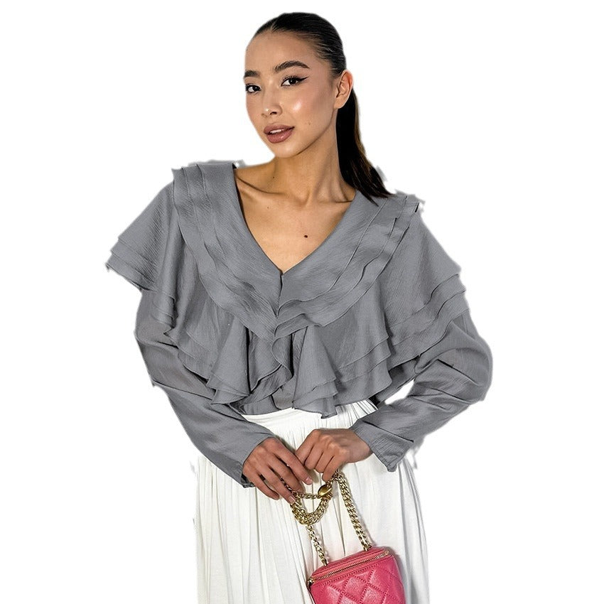 V-neck Layered Ruffle Blouse, gray or khaki