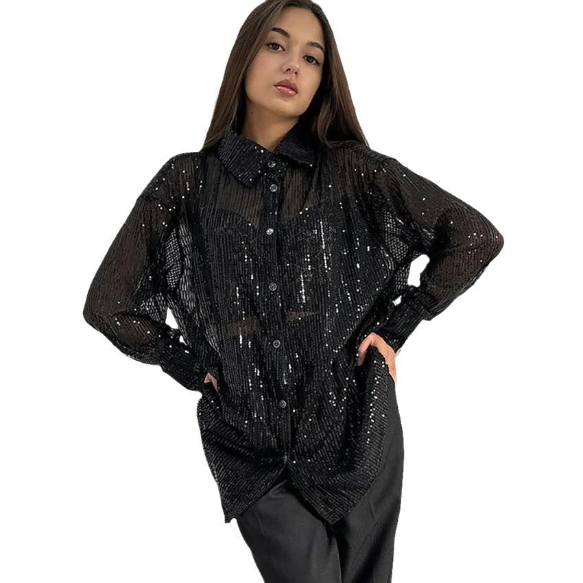 Embroidered Long Sleeve Loose Blouse, gold, silver, or black