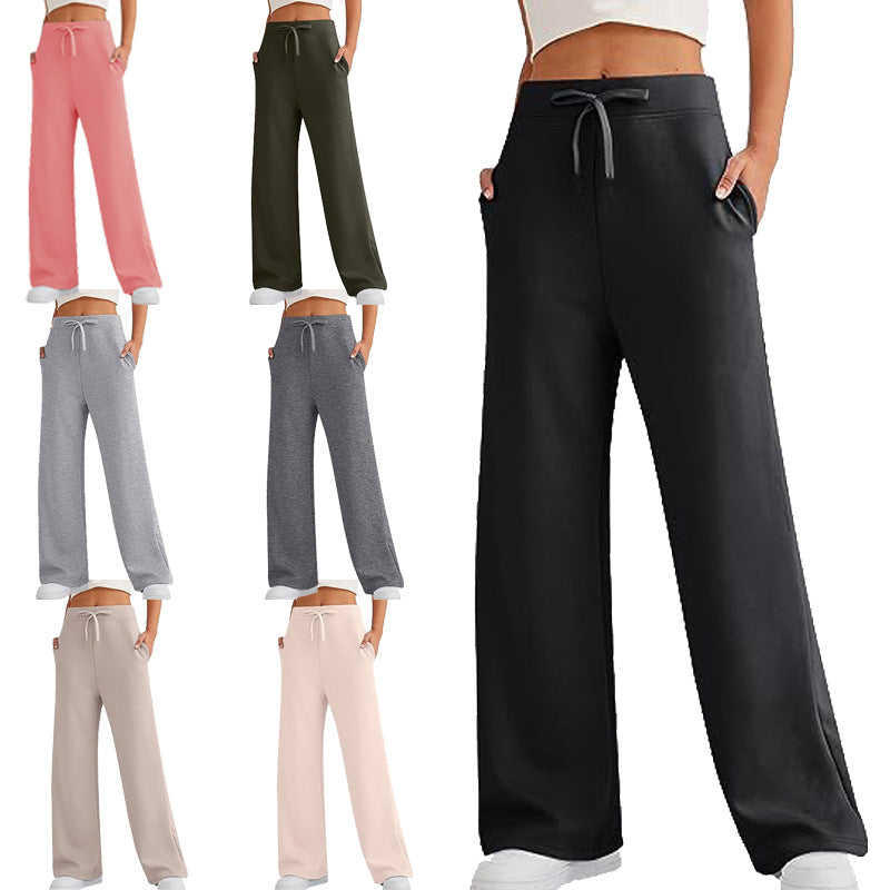 Solid Color Casual Loose Leg High Waist Pants, several colors