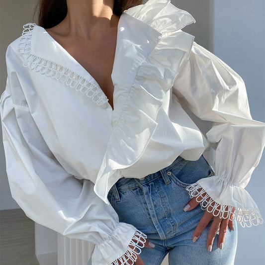 Deep V-neck Lace Edge Long Sleeve Blouse