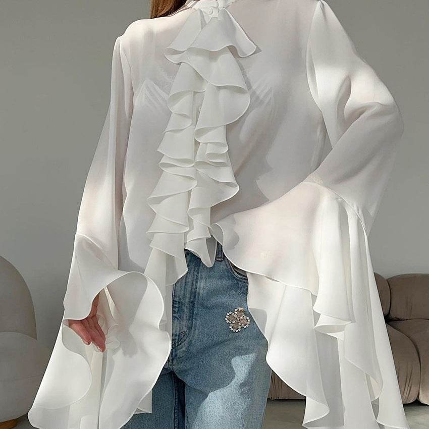 Chiffon Ruffle Flared Sleeve Blouse, several colors