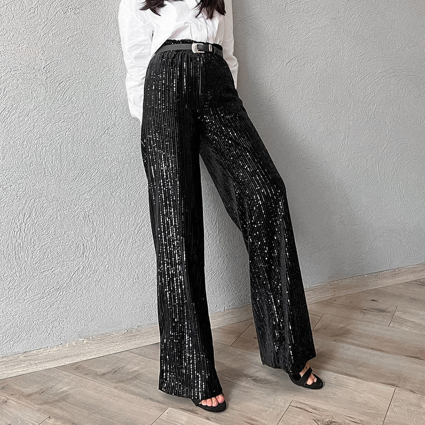 Embroidered Solid Color High Waist Loose Wide Leg Pants, silver or black