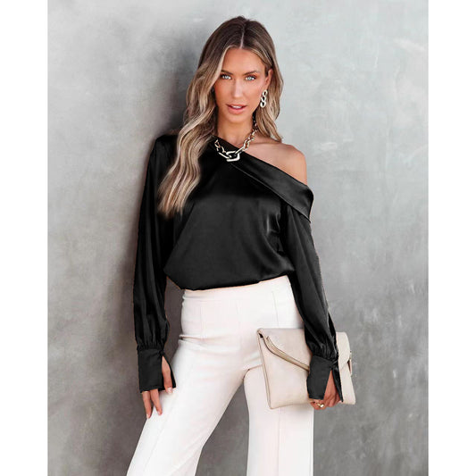 Satin Oblique Shoulder Long Sleeve Blouse