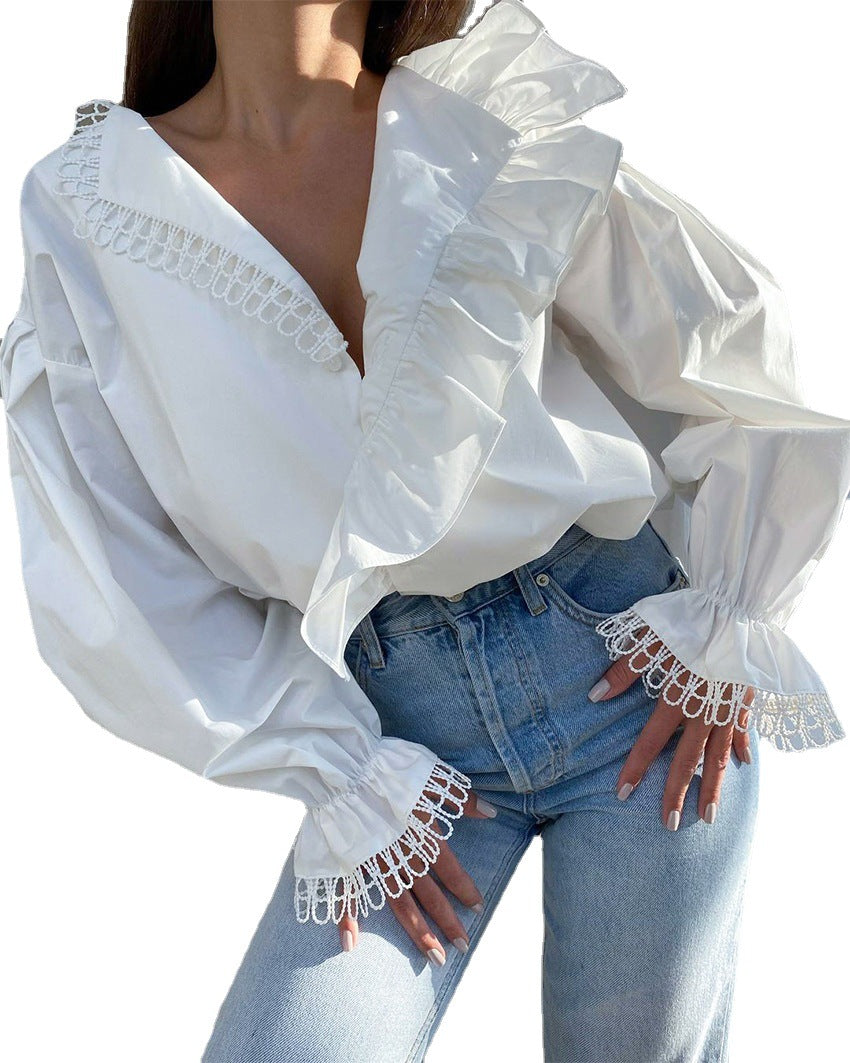 Deep V-neck Lace Edge Long Sleeve Blouse