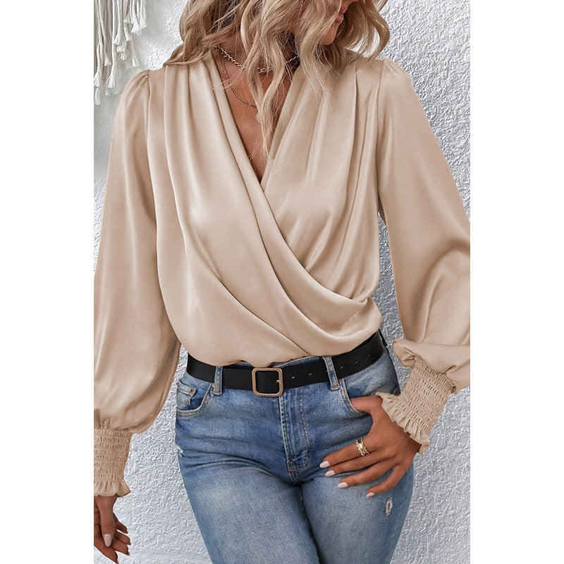 V-neck Chiffon Wrap Blouse, pink, black, or khaki