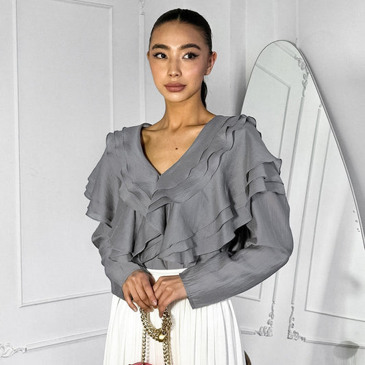 V-neck Layered Ruffle Blouse, gray or khaki