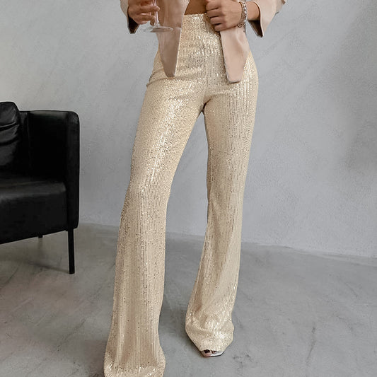 Slim Champagne Sequin Casual Flare Pants