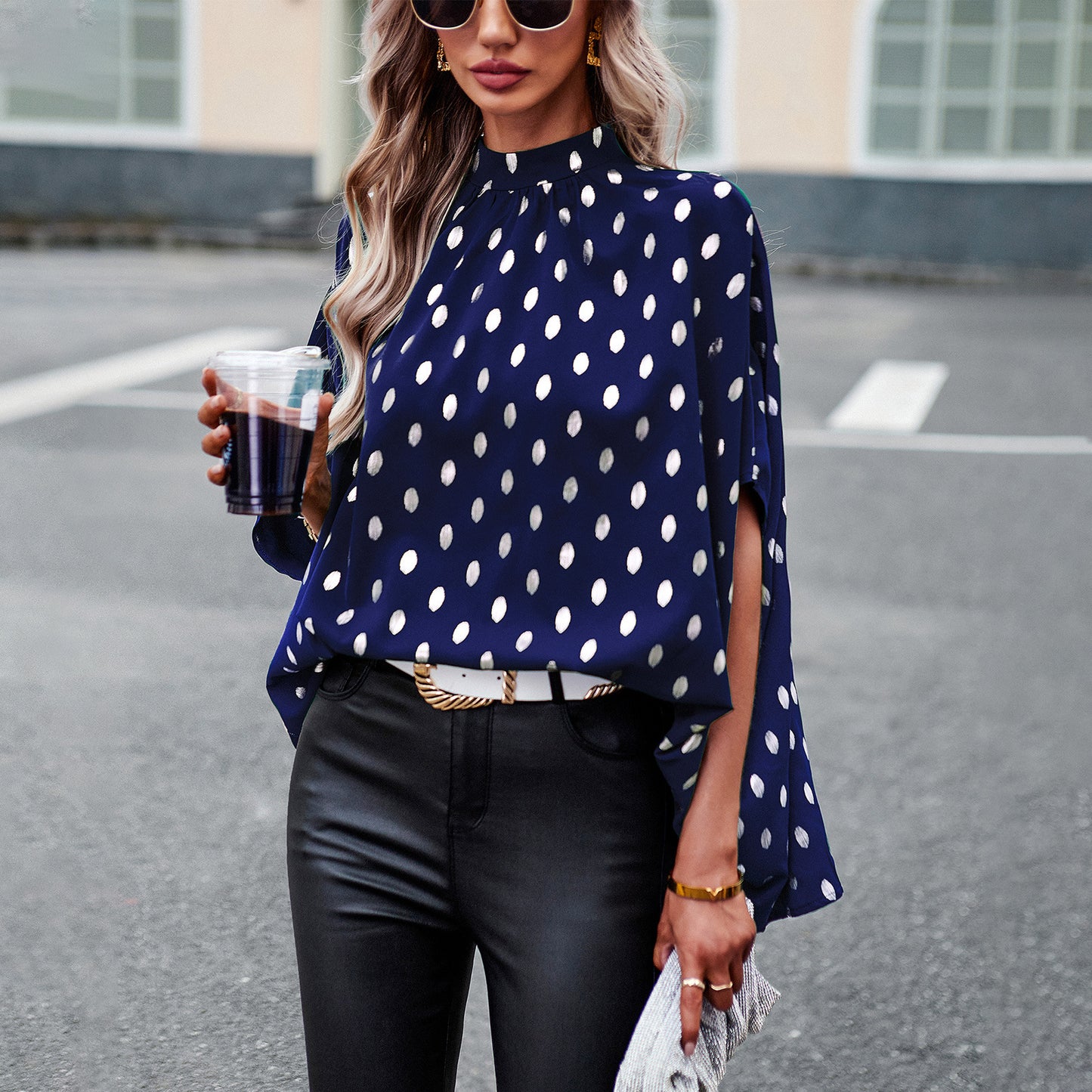 Metallic Polka Dot Long-sleeved Blouse