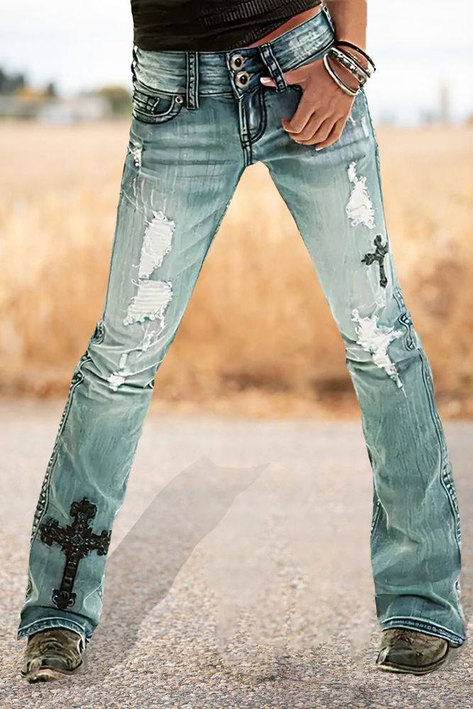 Cross Embroidery Ripped Low Rise Bootcut Jeans