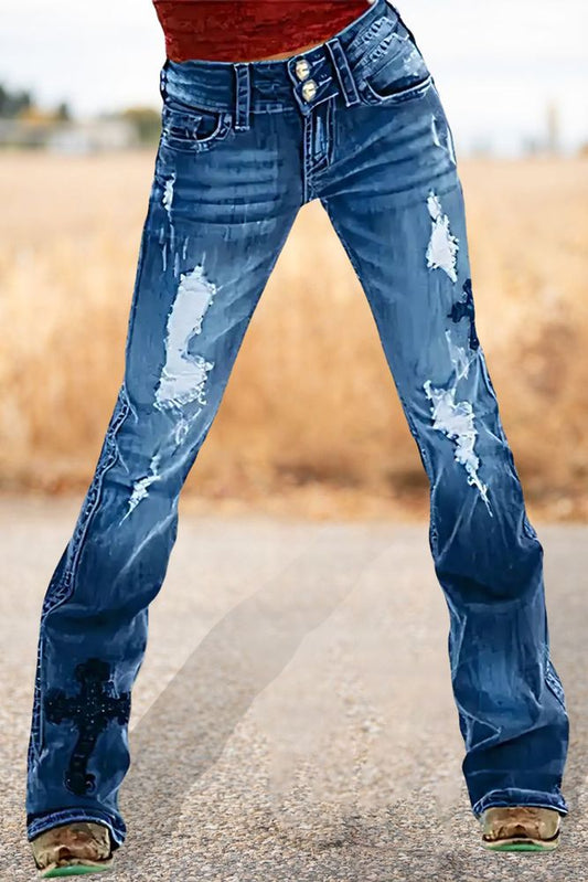 Cross Embroidery Ripped Low Rise Bootcut Jeans