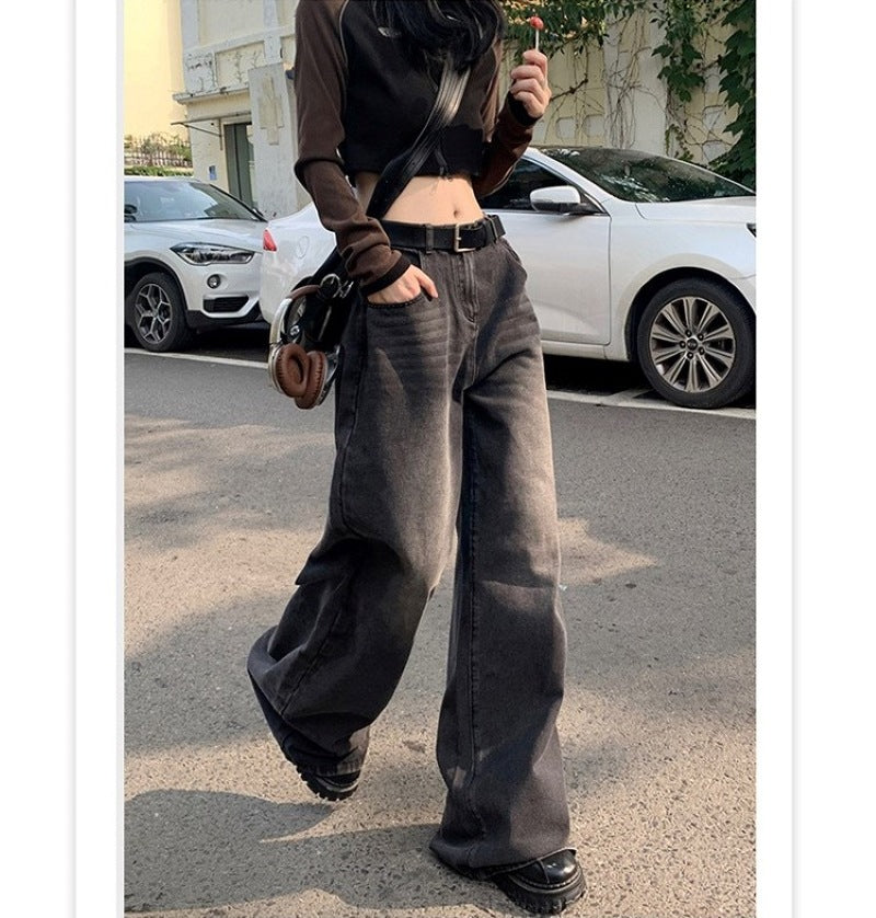 Washed Black Gray High-waisted Wide-leg Jeans