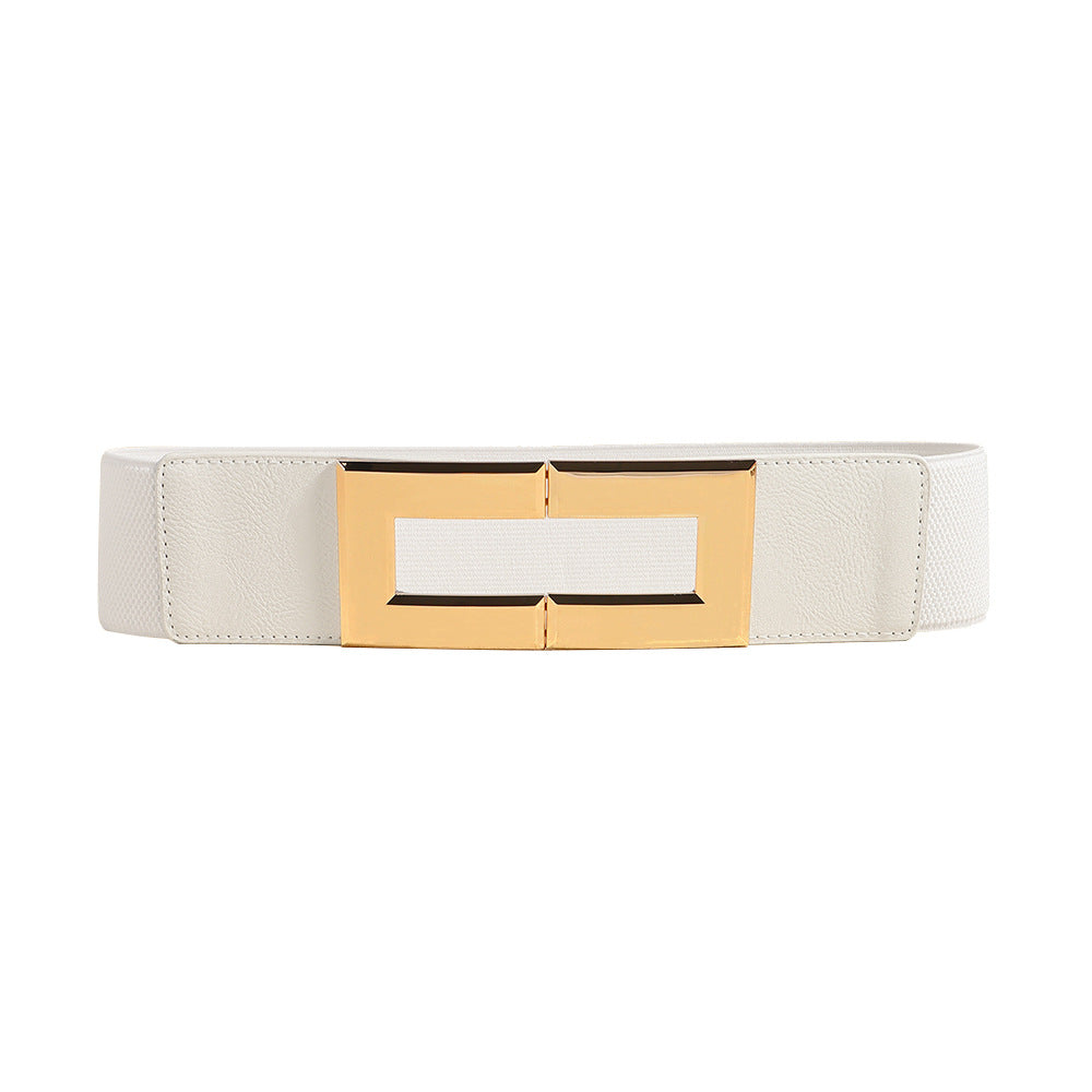 Pearl Leaf Metal Buckle Elastic Belt, black, white, brown