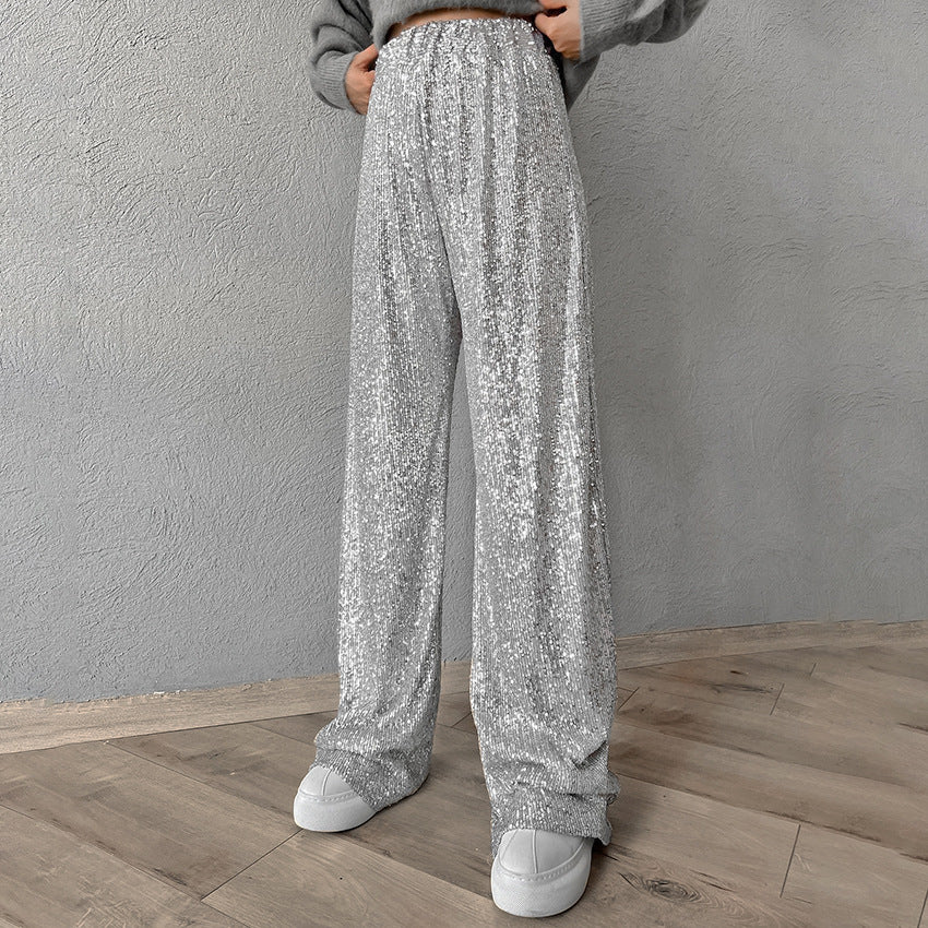 Embroidered Solid Color High Waist Loose Wide Leg Pants, silver or black