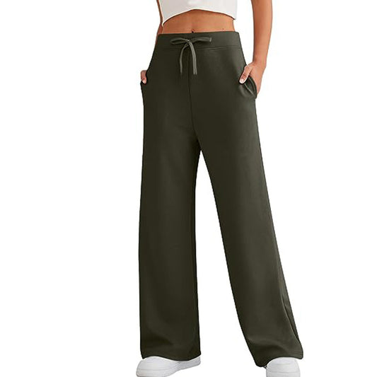 Solid Color Casual Loose Leg High Waist Pants, several colors