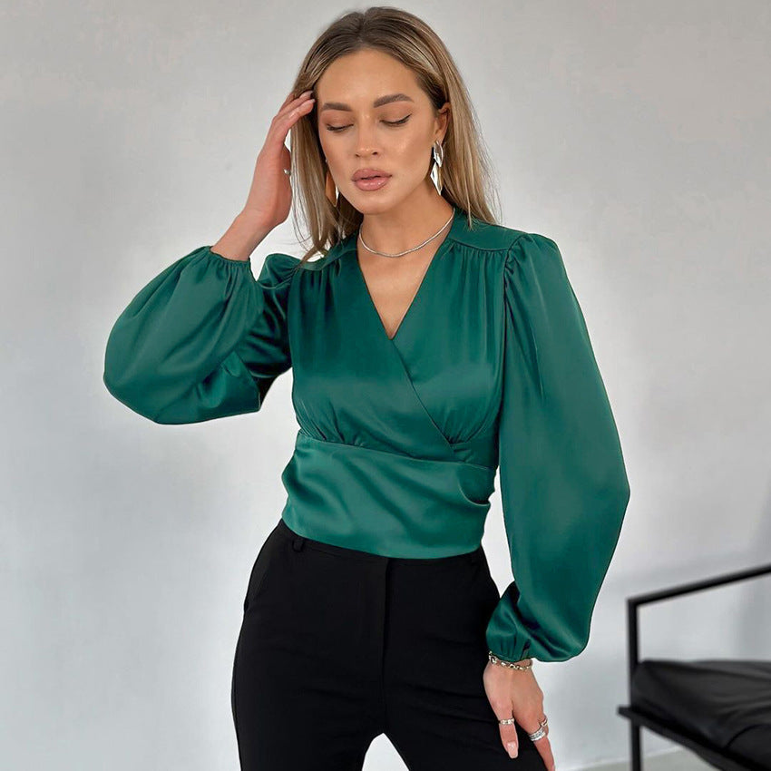 Satin V-neck Wrap Blouse