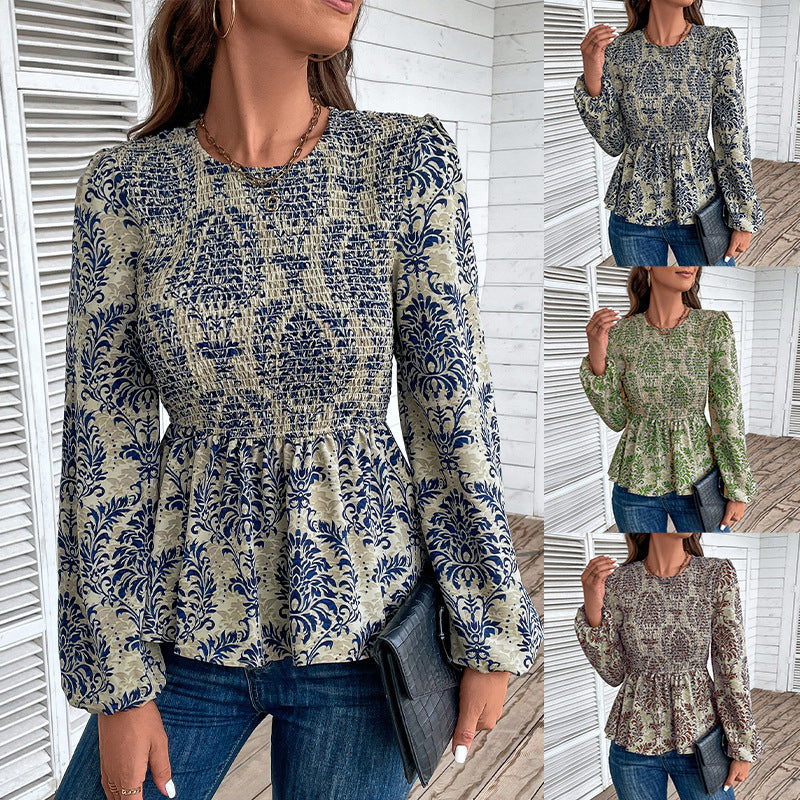 Elegant Pleated Waist Long Sleeve Printed Blouse