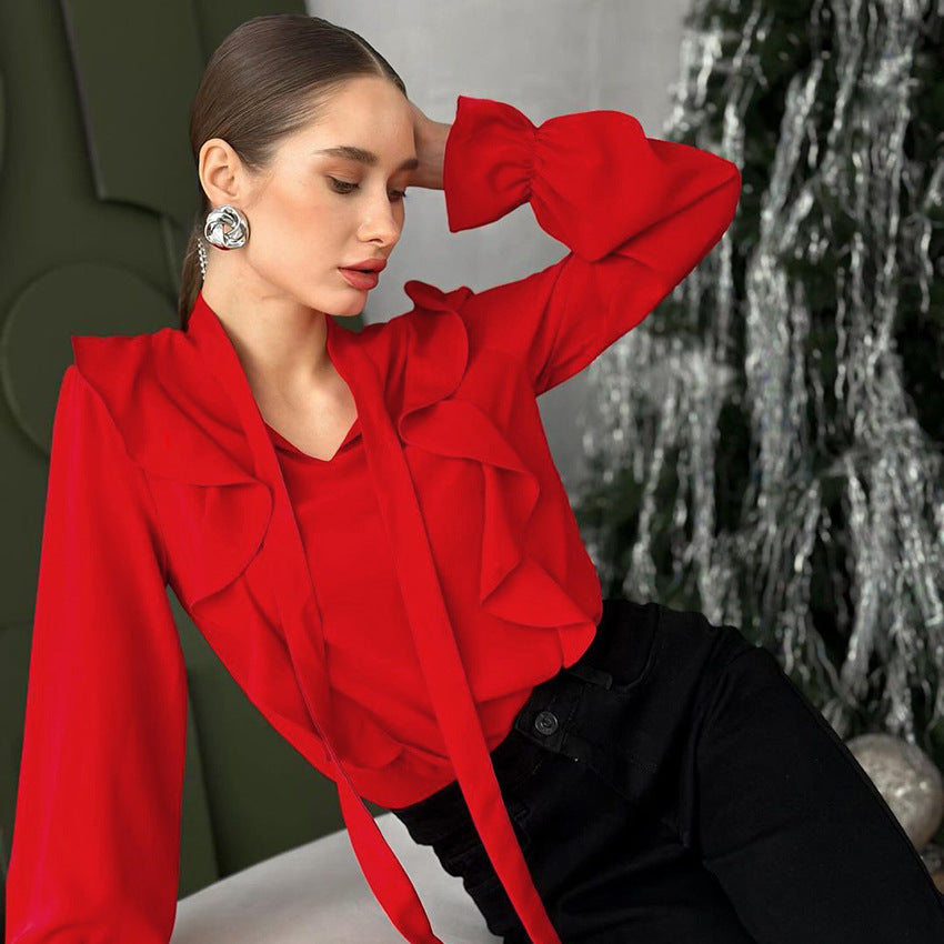 Elegant Red Chiffon Ruffled Blouse